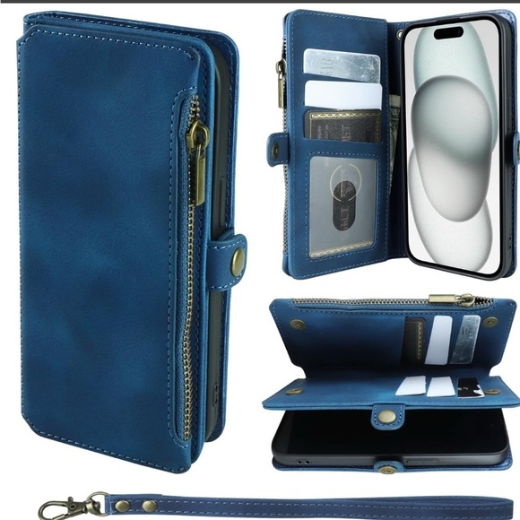 Nvollnoe For IPhone 15 Wallet Case With Card Holder And Zipper Pocket Wrist Blue - Picture 1 of 5